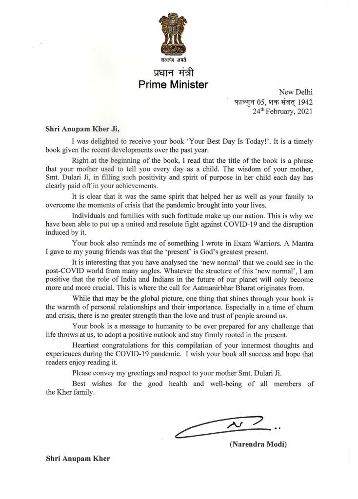Hon. PM  @narendramodi  ji ! Thank you for this beautiful & encouraging letter about my book #YourBestDayIsToday.